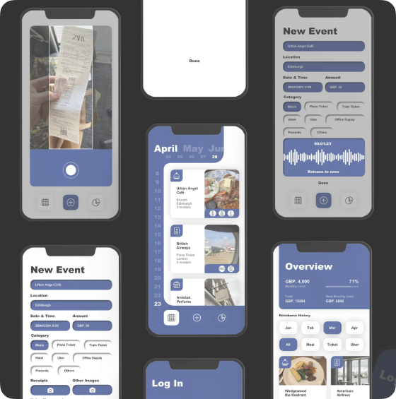 Elegance of Management — expense reimbursement app screens