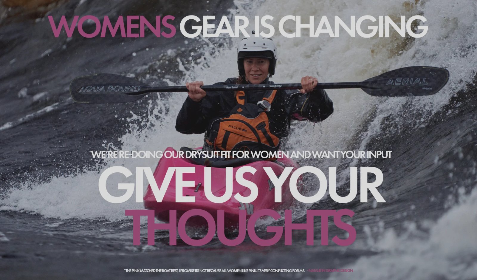 Level Six Freya Drysuit Survey banner: a woman paddling whitewater under the headline WOMENS GEAR IS CHANGING, GIVE US YOUR THOUGHTS