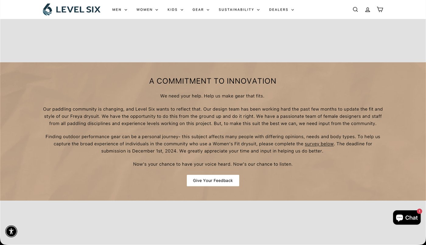 Screenshot of Level Six's Freya Drysuit Survey page headed A COMMITMENT TO INNOVATION, asking the paddling community for feedback