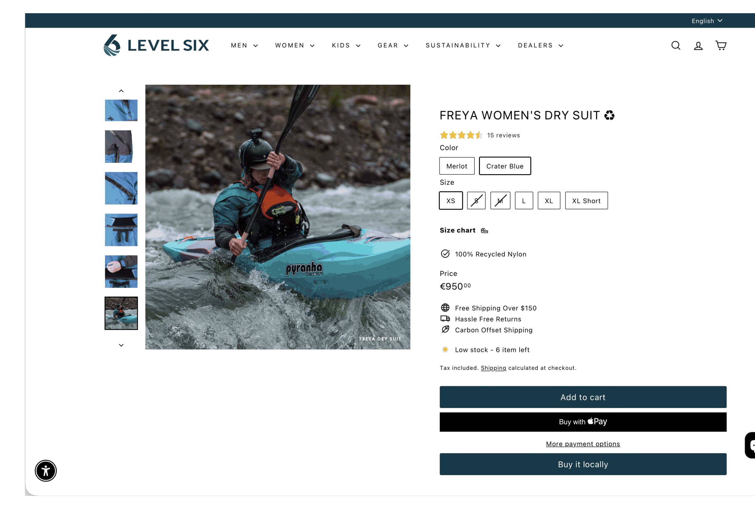 Level Six product page for the Freya Women's Dry Suit, showing colour and size selectors, price and an Add to cart button