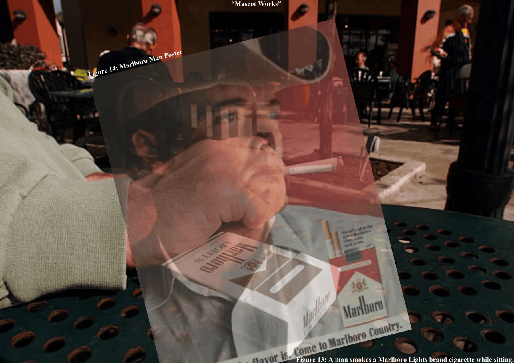 'Mascot Works' — a Marlboro Man poster overlaid on a photo of a man smoking a Marlboro Lights cigarette (Figures 13 and 14).