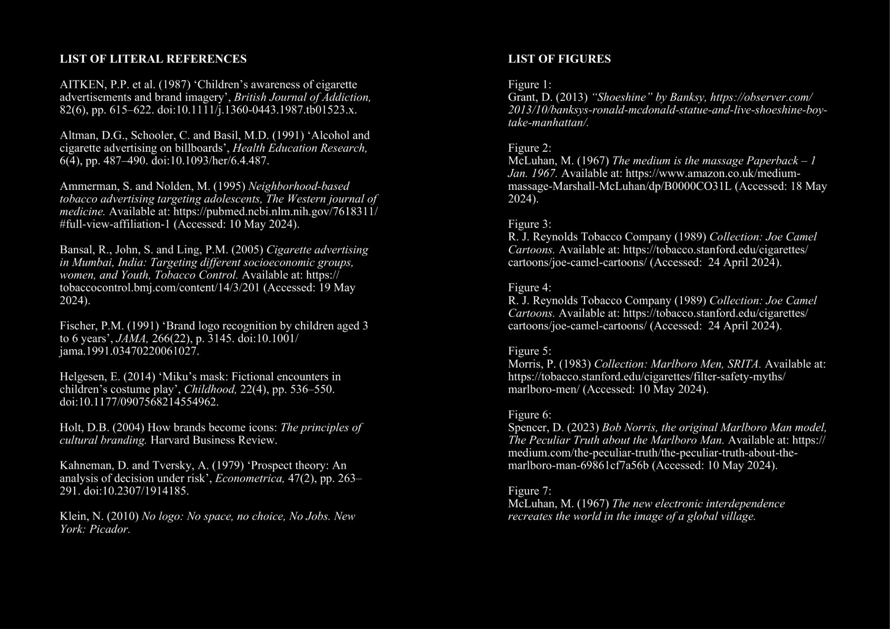 List of literal references and list of figures, part one.