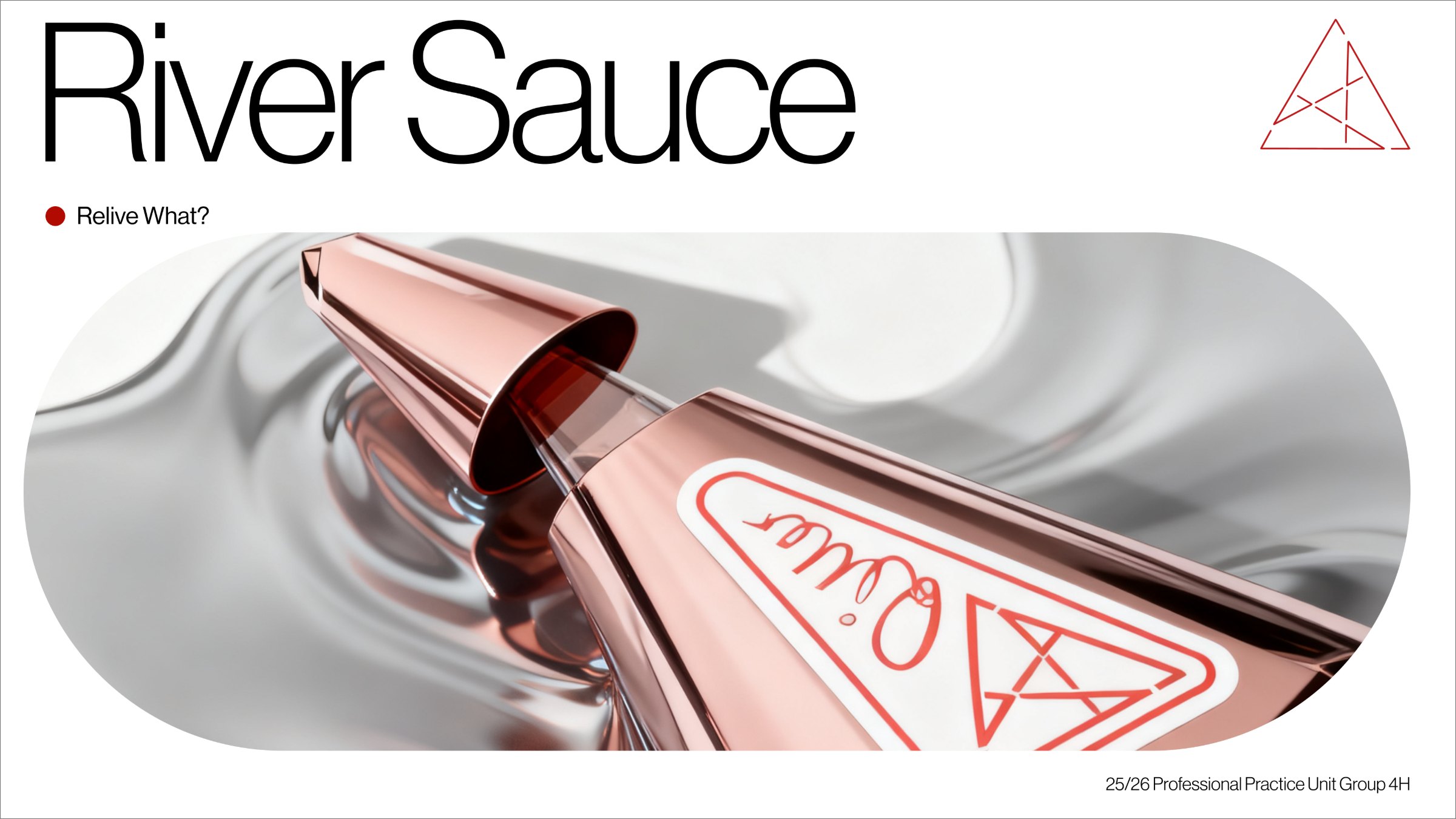 River Sauce hero visual — the chrome bottle resting on a pool of liquid metal, beneath the River Sauce wordmark and triangular mark