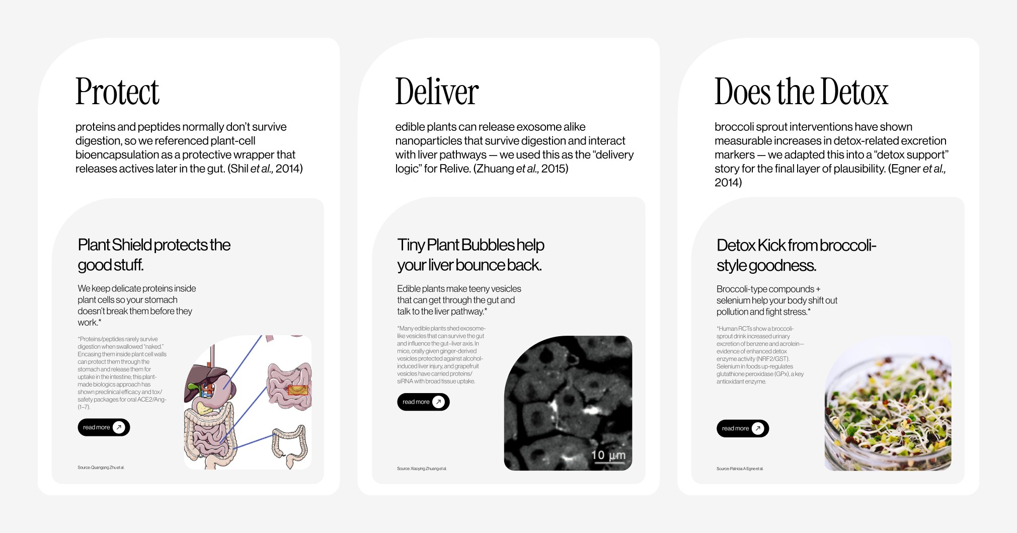 Working plausibility — three columns titled Protect, Deliver and Does the Detox, each pairing a cited mechanism with a plain-language brand explanation