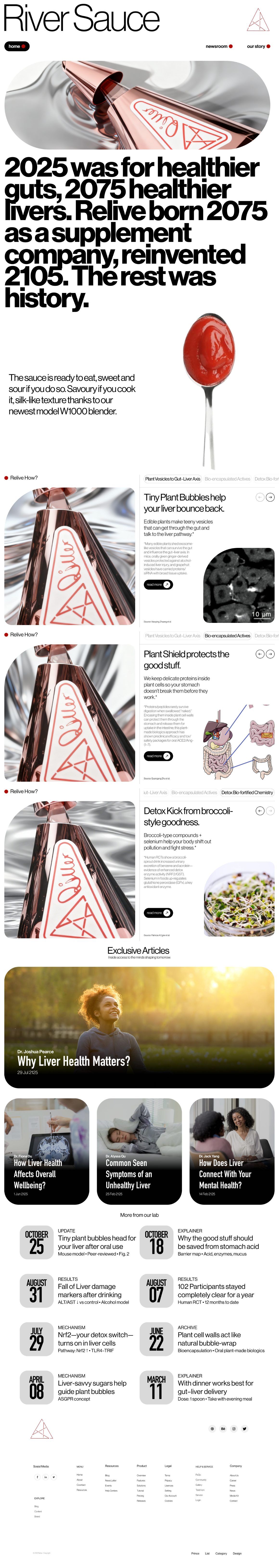 The full River Sauce website, top to bottom — wordmark and navigation, the brand headline, the chrome bottle hero, three science-behind cards, exclusive articles, and a dated lab archive