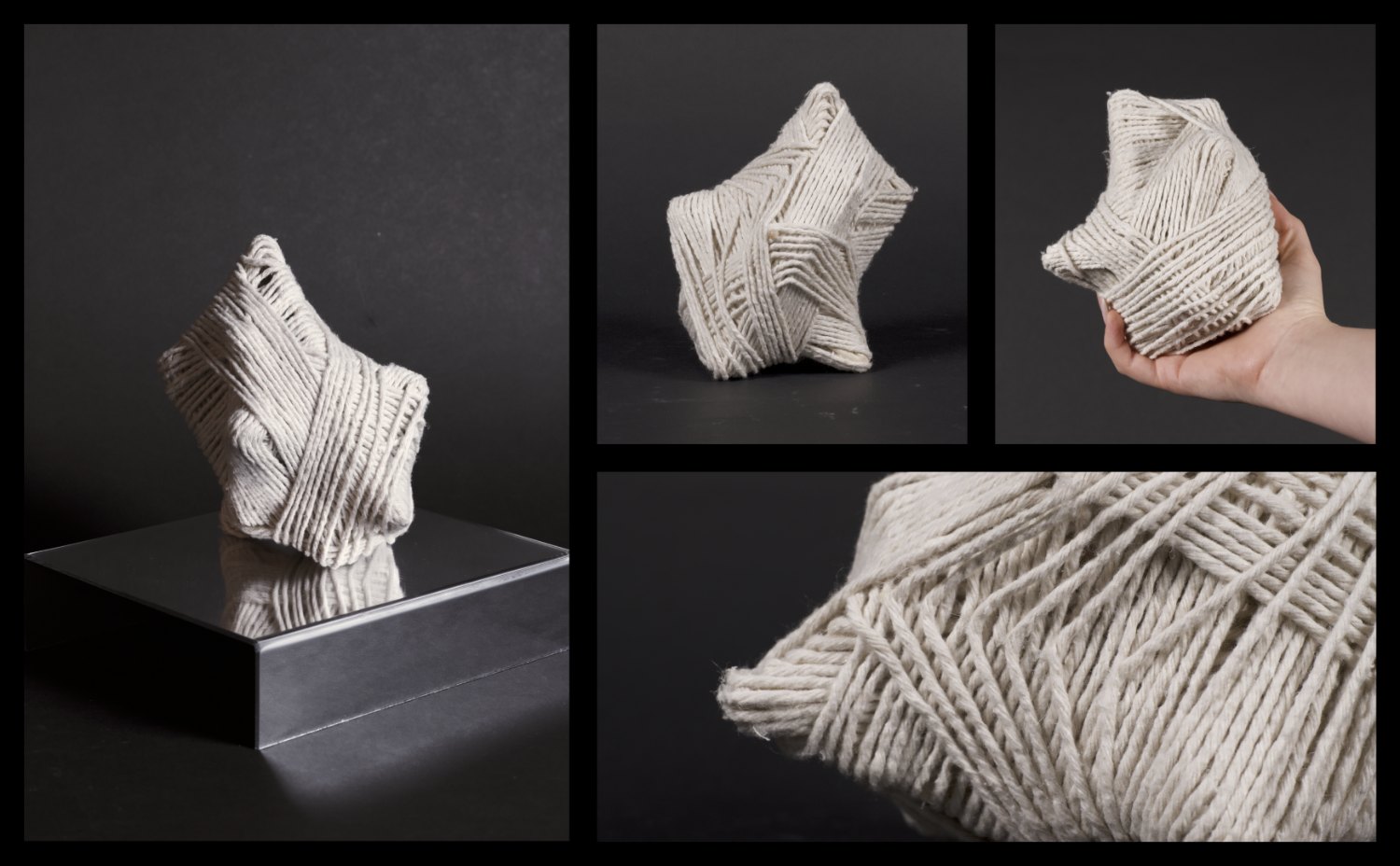 The resolved human-side object — a woven form on a mirrored plinth, shown from several angles