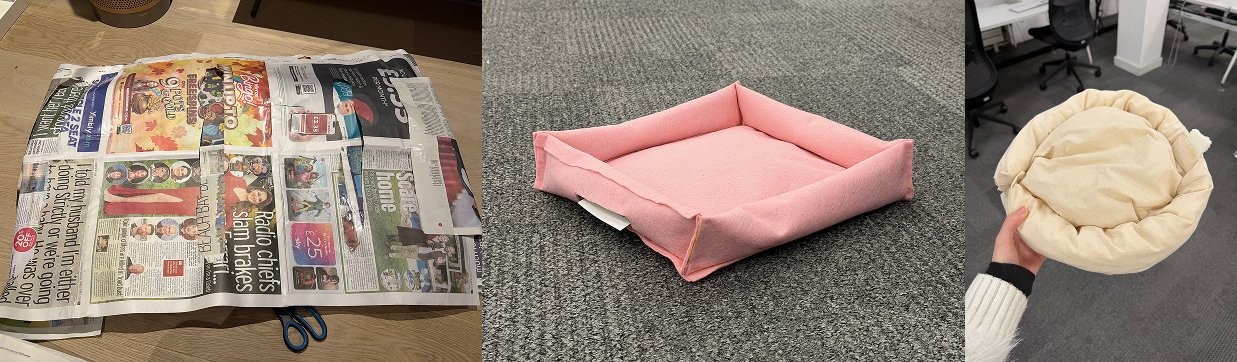 Dog bed iterations — newspaper study, early pink fabric bed, and a softer cushioned bed